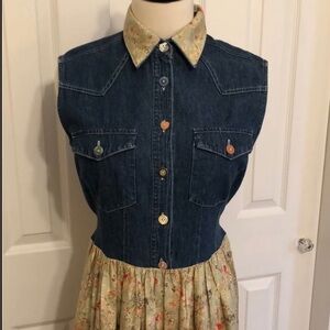 Denim-Top Floral Maxi Dress - Blue and Cream